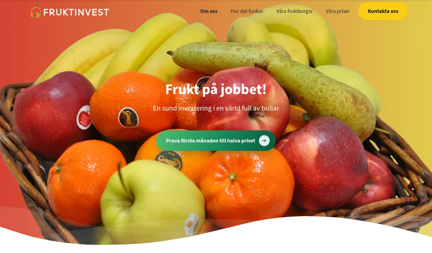 Startsidan för fruktinvest.se med en fruktkorg och rubriken ”Frukt på jobbet!”